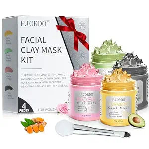 Pjordo 4 Pcs Face Mask Set (360g in Total), Turmeric Vitamin C, Dead Sea Mud, Green Tea Avocado, Rose, Face Masks Skincare for Pore Cleansing, Clay Masks for Women Skin Care, 3.17 Oz Each
