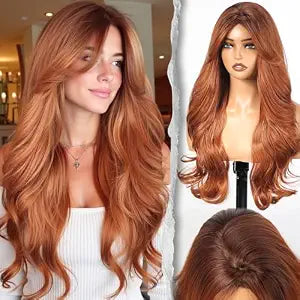 Sunset Auburn Wig With Bangs Long Wavy PuffPro Voluminous High Crown Wigs for Women,4x4'' Parting Realistic Scalp,Mob Wife Aesthetic/Clean Girl/Office Siren/Old Money Style