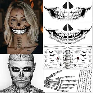 8Pcs Temporary tattoo Halloween Makeup Halloween Tattoos Skeleton Makeup Ghost Face Halloween Face Tattoos Skeleton Face Tattoo Halloween Accessories (A-8Pcs Black)