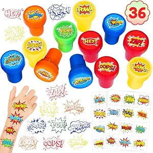 Superhero Party Favors 36PCS - 24PCS Temporary Tattoos & 12PCS Stamps