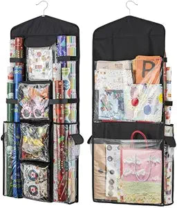 Christmas Wrapping Paper Organizer Storage, Hanging Gift Bag Storage Organizer, Double-Sided Wrapping Paper Holder Storage - Black