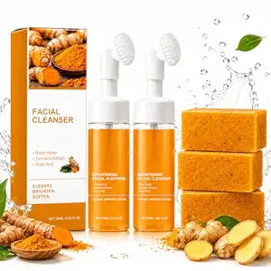 5Pcs Turmeric Wash and Care Set,2Pcs Tuemeric Facial Cleanser & 3 Pcs Turmeric Soap Bars,Face & Body Cleanser,Turmeric Cleansing Skincare Set, Deep Cleansing