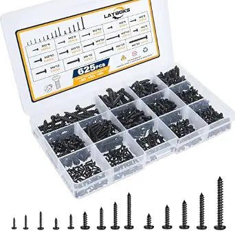 625 Pcs 14 Size Small Self Tapping Screws for Plastic and Metal, M2,M3,M4 Phillips Pan Head Small Screws,Black Carbon Steel Cross Recessed Round Head Self Tapper Screws Assortment Kit