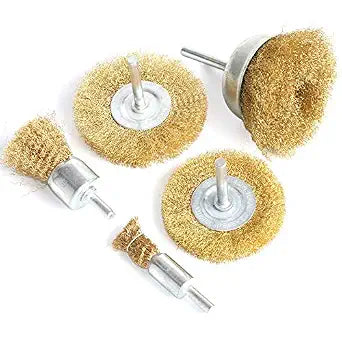FPPO 5pcs Brass Wire Wheel Brush Kit for Drill,Crimped Cup Brush with 1/4-Inch Shank ,0.13mm True Brass Wire,Soft Enough to Cleaning or Deburring with Less Scrach