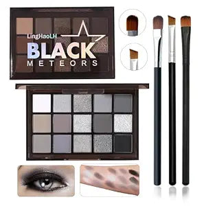 Black Grey Smoky Eyeshadow Palette,15 Colors Matte Shimmer Pigmented Eye Shadow Makeup Palette Set with 3 Eyeshadow Brushes,Glitter Eye Shadow Palette for Daily Halloween Goth Makeup(A)