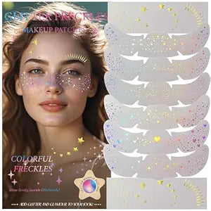 Freckles Face Tattoo, All-in-One Holographic & Gold Glitter, Waterproof and Sweatproof Sparkle Patches, Festival Cute Star Temporary Tattoo (Holographic&Gold)