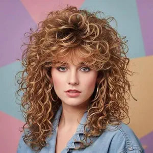 Long Curly Light Brown Wig with Bangs for Women - Voluminous Spiral Wave Synthetic Hair Wig, Heat Resistant 80s Style Wig for Daily Cosplay & Party