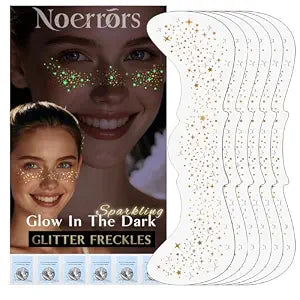 Noerrors 6pcs Glitter Freckles Glow in the Dark Temporary Speckles Tattoo Sticker, Cute Gold Star Nightglow Fake Faux Freckle Makeup Patches, Sparkle Glow Up Face Tattoo for Party