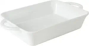 Gibson Home Gracious Dining 2.5-Quart White Stoneware Baking Dish with Handles 14.6 x 8.5-Inch Rectangular Oven Safe Casserole & Roasting Baker