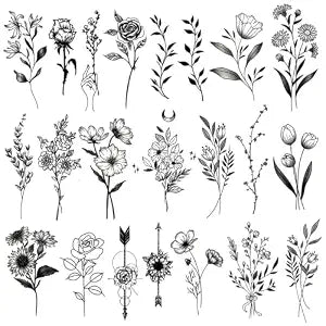 One Grace Medium Black Flower Temporary Tattoos - Realistic Long Lasting Waterproof Tattoos - Floral Bouquet Wild Plants and Branch Tattoos for Women and Men