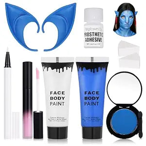 8pcs Avatar Makeup Kit,Navy Blue White Face Paint, Royal Blue Face Paint for Smurf Mystique Cosplay,Lip Gloss,White UV Eyeliner, Short Elf Ears,Single Eyeshadow,Halloween Body Paint Set with 2 Sponges