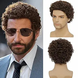 Tseses Mens Brown Curly Wigs Short Afro Rocker Wig Synthetic Daily Cosplay Party Costume Hair Wigs for Male Guys