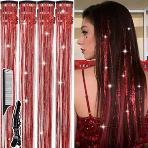 Hair Tinsel Clip in, Tinsel Hair Extensions Clip in Red Hair Tinsel Kit