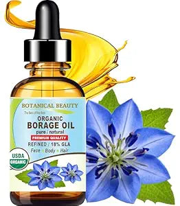 Botanical Beauty Certified Organic BORAGE OIL 18% GLA Refined 100% Pure 100% Natural Cold Pressed Carrier Oil for Face, Skin, Hair, Lip, Nails. Anti-Aging. Rich in Vitamin E, Omega 6 (0.5 Fl Oz 15 ml)