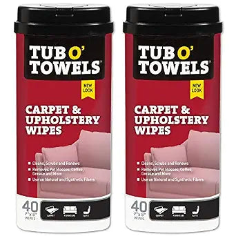 Tub O' Towels Carpet & Upholstery Cleaning Wipes 2 Pack 7 x 8 Pre-Moistened Multi Surface Fabric Cleaning Wipes, 40 Count for Carpet, Rugs & Furniture