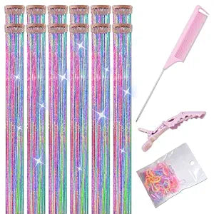 ONROCL Hair Tinsel Clip in Extensions 12Pcs 24 Inch Dreamy Colorful Glitter Hair Tinsel Kit for Fairy Grunge Hair Accessories Women Girls Festival Party Christmas New Year