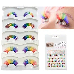5 Pairs 3D Mink Rainbow Lashes with Rainbow Face Gems, 3 Styles Tinsel Colored Eyelashes for Pride Day LGBTQ Halloween Rave Cosplay Costume Party Makeup Tools