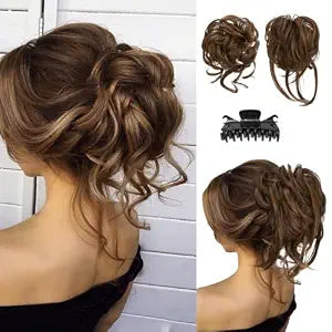 SARLA 2PCS Messy Bun Hair Pieces for Women Detachable Claw Clip Wavy Curly Synthetic Hairpieces for Updos with Tendrils Fake Scrunchies Ponytail Extension Chocolate