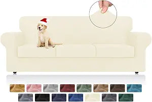 KEKUOU 4 Pieces Stretch Couch Covers for 3 Cushion Sofa, Sofa Cover Slipcover Separate with Soft Elastic Furniture Protector Dog, Kids(Sofa,Beige), (FT-L-9)