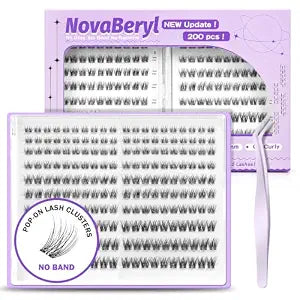Natural Pop Press Lash Clusters, No Band Wispy Eyelash Clusters with Glue Pad, 8-14mm 200pcs Large Set, No Glue Lash Extensions with Non-Stick Tweezers, Soft Lightweight Everyday Look NovaBeryl