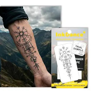 Semi-Permanent Tattoo, Vegv��sir Bindrune, Viking Compass, Long Lasting Temporary Tattoos for Men, Waterproof Plant-Based Ink, Lasts 1-2 Weeks, Color Develops in 24 Hours