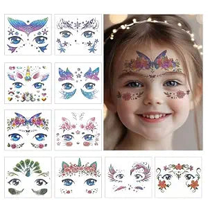 Konsait 10 Sheets Glitter Face Tattoos Animal Fake Tattoos for Girls Face Makeup Tattoo Mermaid Butterfly Temporary Face Tattoo Birthday Halloween Makeup Stickers Party Favors