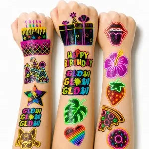 96 PCS Funny Neon Pre-cut Temporary Tattoos Theme Birthday Party