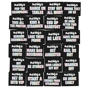 Girls Night Out Temporary Tattoos - 48 Pack - White & Iridescent Foil Accents - Galentine's Day - Bridal Showers - Bach Party Favors (Most Likely To - 48pk)