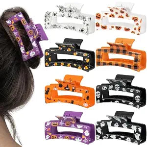 PANTIDE 8Pcs Halloween Hair Claw Clips for Women Girl - Spooky Spider Pumpkin Ghost Witch Hat Rectangle Nonslip Banana Hair Clips, Thin Thick Short Long Curly Accessories, Halloween Costume Party Gift