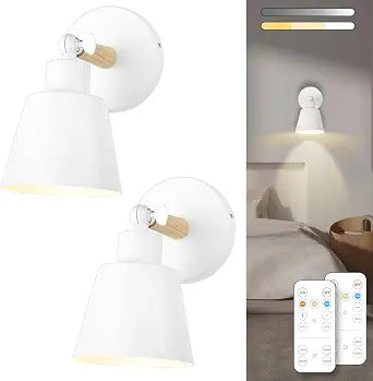 White Battery Operated Wall Sconce Set of Two, Easy to Install Wireless Lights for Wall, Remote Control Dimmable LED Lights, Auto Timer Wall Lamp Fixtures for Bedroom, Gallery, Living Room, RV