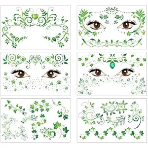 Qpout 6 Sheets Green Vines Face Temporary Tattoos, Forest Leaf Vine Crown Freckles Fake Tattoos, Waterproof Ivy Elf Eye Forehead Body Stickers for Halloween Fairy Cosplay Botanical Makeup