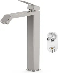 Phiestina Brushed Nickle Single Hole Tall Vessel Sink Bathroom Faucet, Above Counter Single Handle Square Waterfall Vessel Faucets & Pop Up Drain Without Overflow,FH05-BN-V