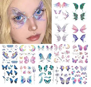 14 Sheets Glitter Butterfly Temporary Tattoos Sticker for Eye Face Makeup Decoration, Body art tattoo stickers Shiny Butterflies Waterproof Fake Tattoos Eye Decor