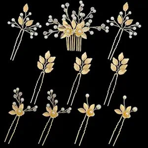 10 Pieces Gold Leaf Bridal Hair Pins, Wedding Headpiece Hair Jewelry with Pearl Rhinestone Wedding Hair Accessories for Bride Bridesmaids Flower Girls(Flowers)