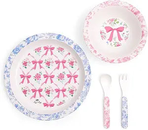 Itzy Ritzy Kids Dinnerware Set, Plate Bowl & Utensils (Ribbons & Roses)