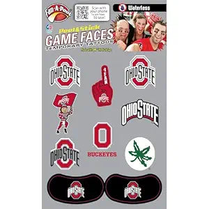 Fan-A-Peel Ohio State Buckeyes Waterless Temporary Tattoos/Skin Sticker - Hypoallergenic Peel & Stick Tattoos for Fans - Waterproof, Sweatproof & Vibrant Combo Sheet w/ 4 Eye Black