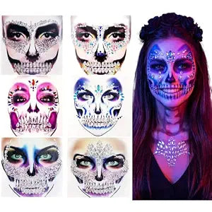Kotbs Halloween Skeleton Face Gems - 6 Pack Skull Face Jewels Rhinestone