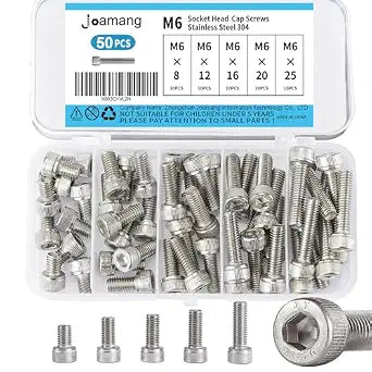 M6 x 8mm 12mm 16mm 20mm 25mm Socket Head Cap Screws Bolts, Stainless Steel 304, Metric Allen Hex Drive, Bright Finish, Fully Threaded, Assortment Kit 50PCS