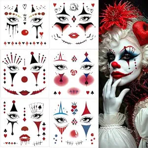 Clown Face Tattoos 6 Sheets Halloween Costume Clown Full Face Temporary Tattoos Clown Eyeshadow Stickers for Halloween Carnival Cosplay Party Decor
