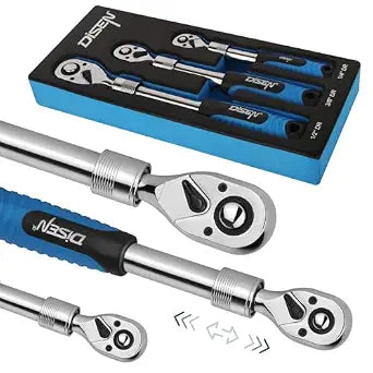 DISEN 3PCS Extendable Ratchet Wrench Set,1/4" 3/8" 1/2" Drive 72-Tooth, Quick-Release, Reversible Drive Socket Wrenches,Soft Grip Handle with Storage Tray