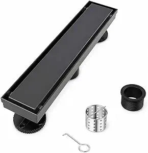 12 Inch Linear Shower Drain with Tile Insert Panel, Matte Black 304 Stainless Steel Rectangle Shower Floor Drain, Removable Hair Catcher & Adjustable Leveling Feet, for Bathroom Balcony Garage Basemen