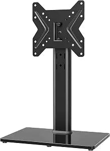 Universal Swivel TV/Table Top TV Stand for 19 to 43 inch TVs with 90 Degree Swivel, 4 Level Height Adjustable, Heavy Duty Tempered Glass Base, Holds up to 99LBS HT02B-001