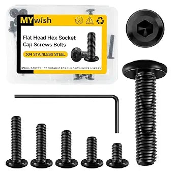 Mywish M6 Bolts x 12/16/20/25/30mm 25Pcs Flat Head Hex Socket Cap Screws Bolts Assortment Kit, 304 Stainless Steel Furniture Bolts, Black Oxide & Hex Spanner