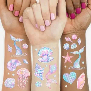 xo, Fetti 88 Mermaid Temporary Tattoos - 2 Sheets | Under the Sea Party, Pastel Ocean, Iridescent, Pool Party, Kids Birthday, Mermaidcore