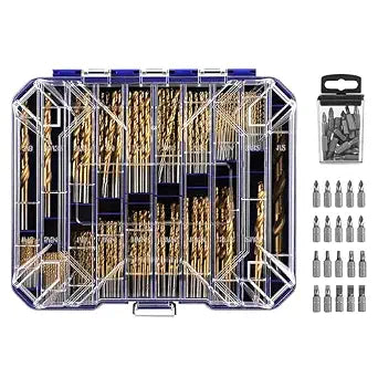 276pc Titanium Twist Drill Bit Set with S2 Bits 135 Tip High Speed Steel, Size from 1/16" up to 1/2", Ideal in Wood Cast Iron Aluminum Alloy Plastic Fiberglass, Clear Lid Case