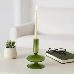Glass Candle Holder - Taper Candle Holders and Candlestick Holders for Table Decor, for Living Room, Mantel, or Dining Table, Sculptural Disc and Sphere Design Home Decor Accent 5", Green