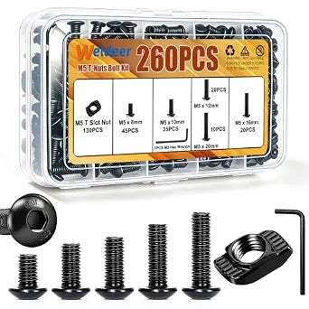 weideer 260PCS M5 T-Nuts Screws Assortment Kit,Compatible with Rail Mount,Replacement for M-Lok Nut Screw,M5 Nut and Bolt Assortment Sets for 2020 Series Standard Aluminum Profile
