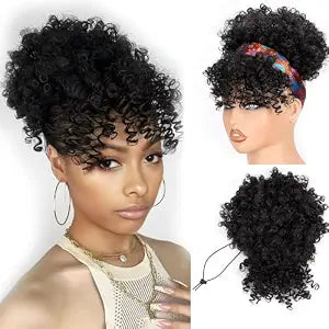 Drawstring Ponytail for Black Women, Afro Puff Bangs, 1B Natural Black