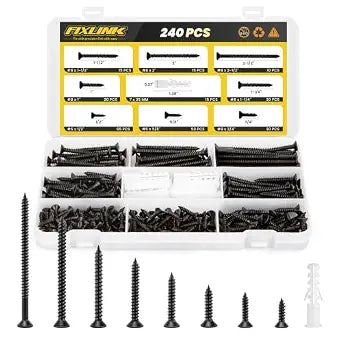 240PCS Wood Screws Assortment Kit, FIXLINK E-Coated Flat Head Screws Set