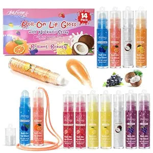 14Pack Fruit Flavored Lip Gloss Necklace Set, Roll On Shimmer Lipgloss Bulk